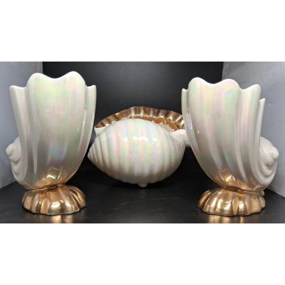 3 Vintage Lusterwear Shells With‎ Gold Trim